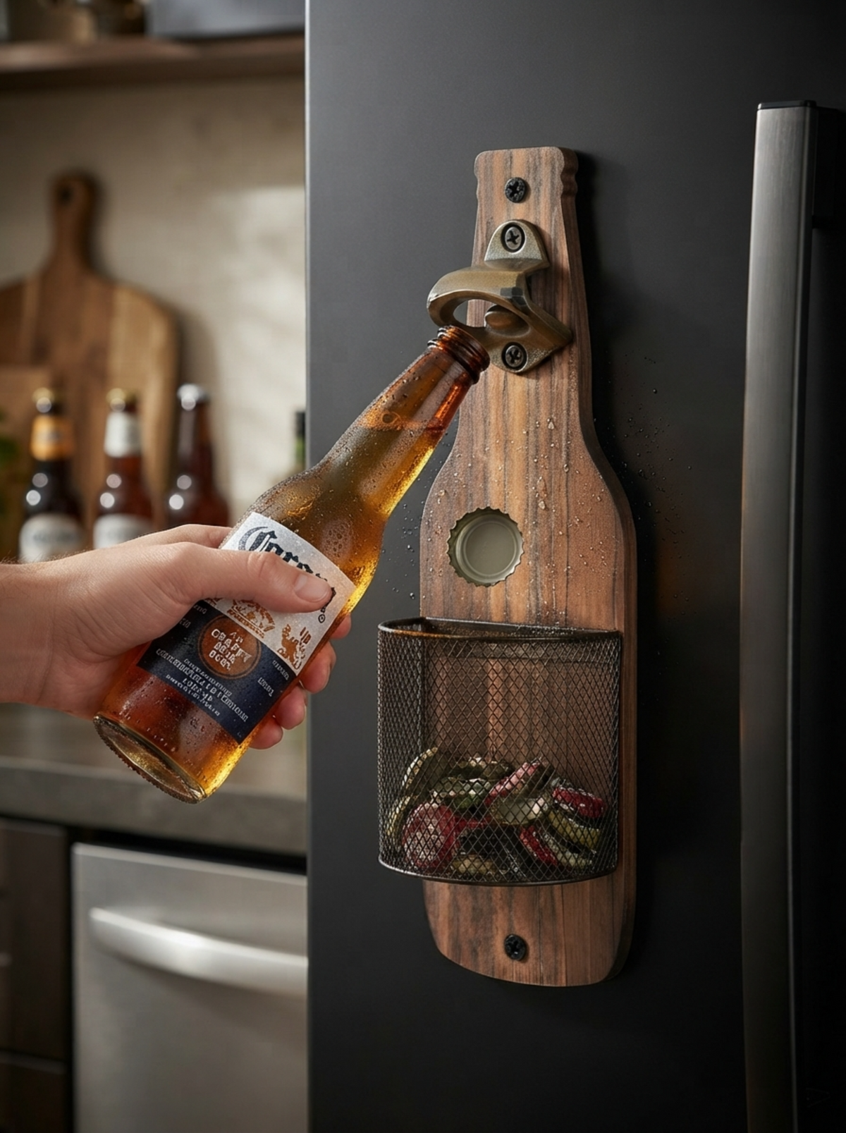 Rustic Wooden Bottle Opener with Cap Catcher