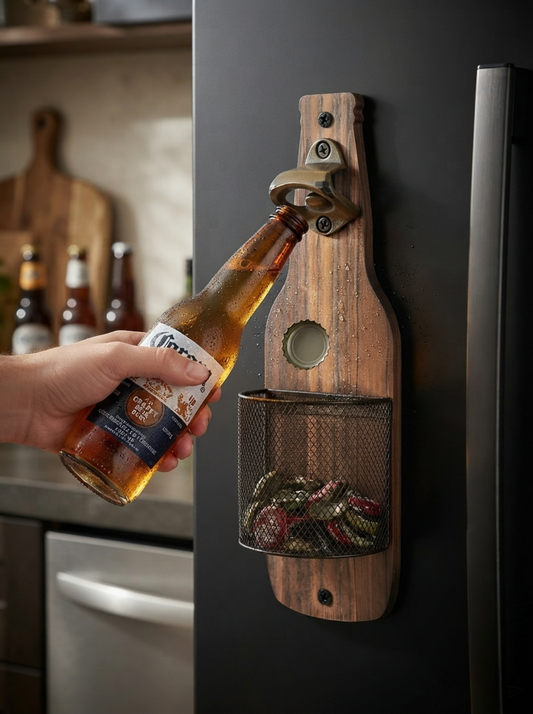 Rustic Wooden Bottle Opener with Cap Catcher