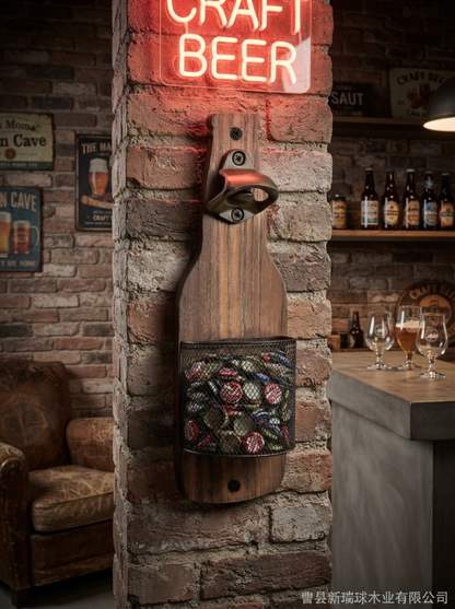 Rustic Wooden Bottle Opener with Cap Catcher