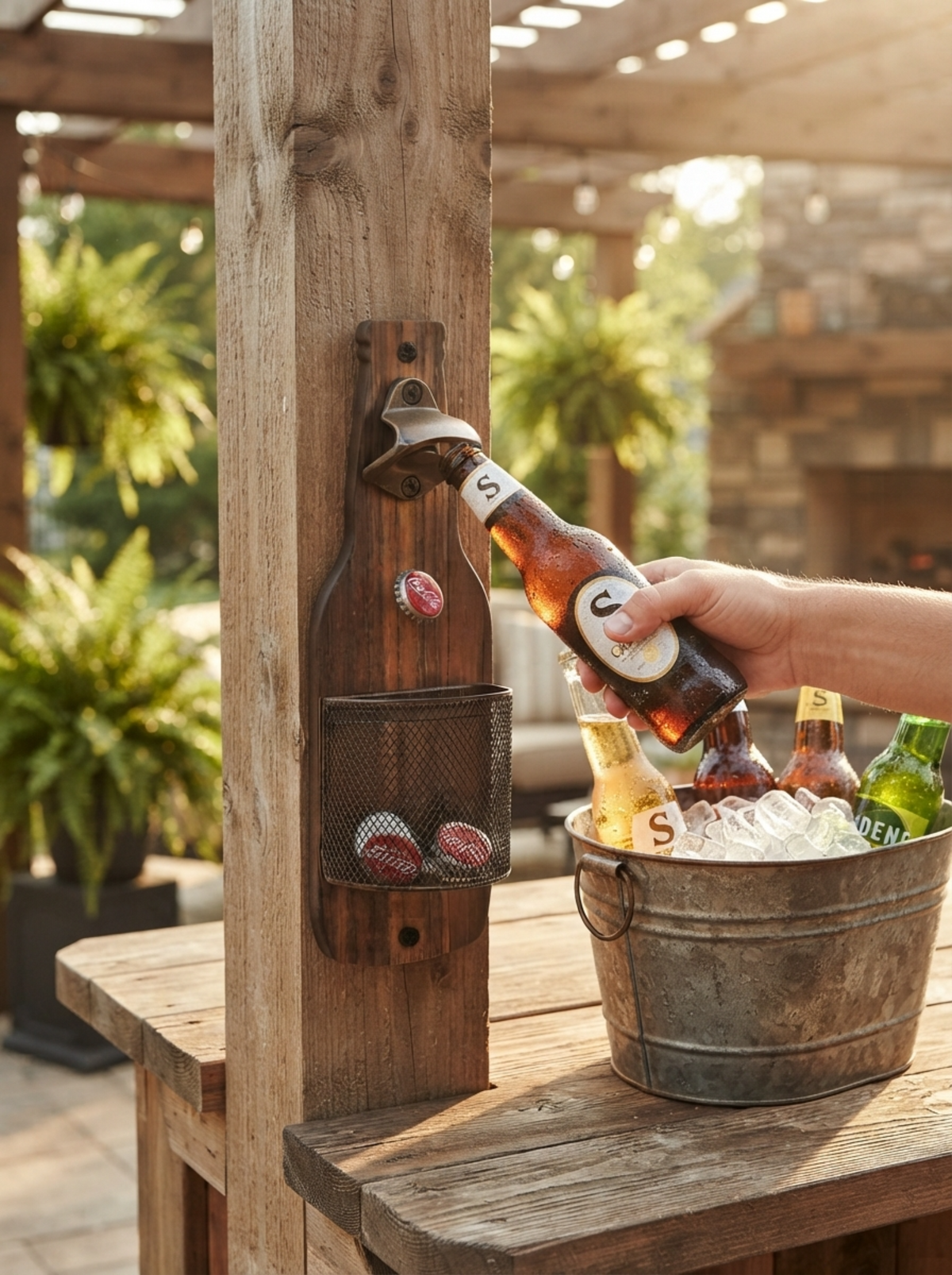 Rustic Wooden Bottle Opener with Cap Catcher