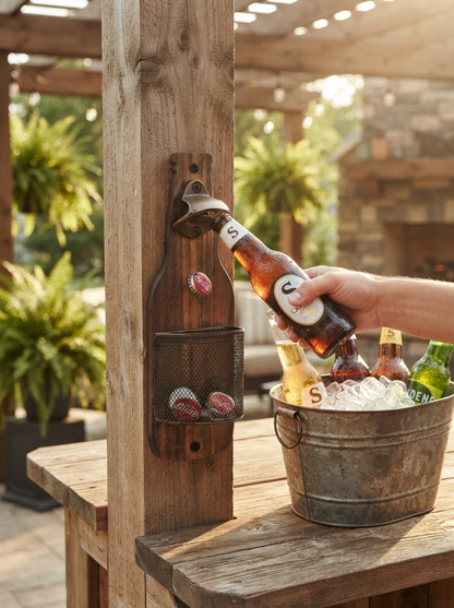 Rustic Wooden Bottle Opener with Cap Catcher