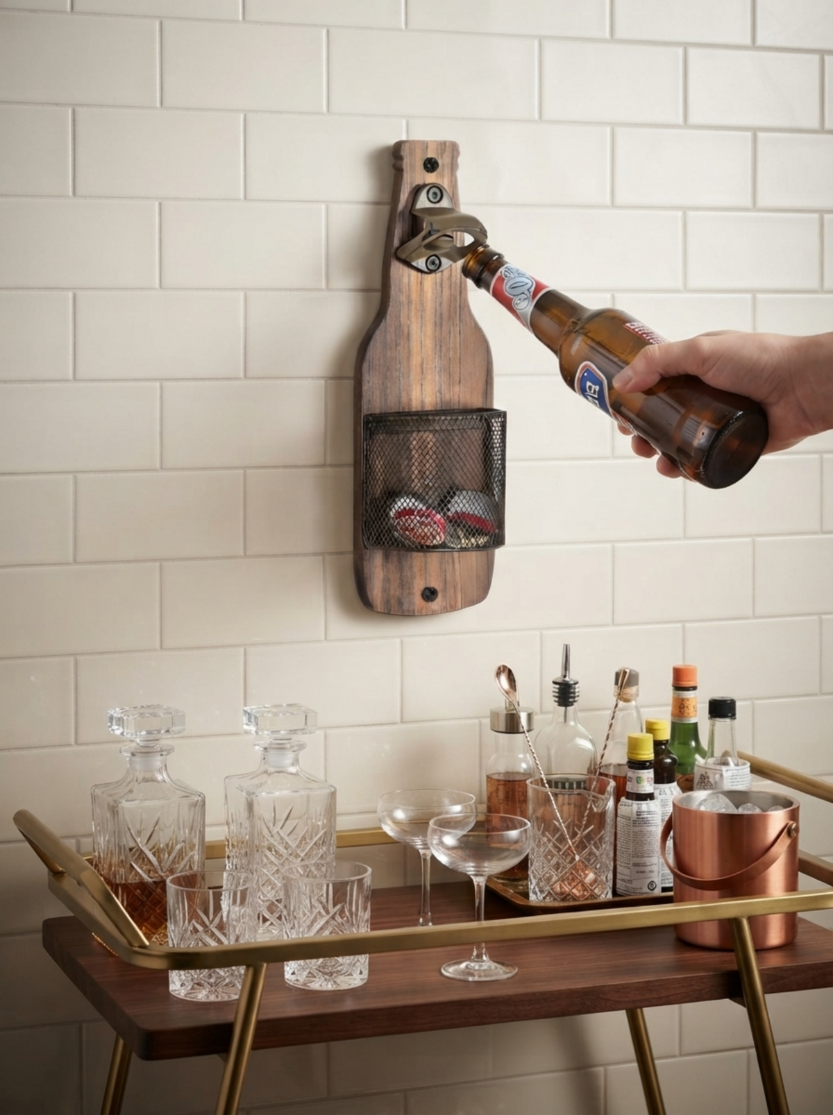 Rustic Wooden Bottle Opener with Cap Catcher
