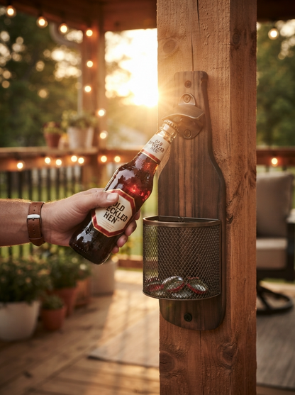 Rustic Wooden Bottle Opener with Cap Catcher