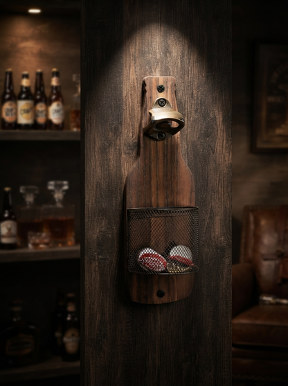 Rustic Wooden Bottle Opener with Cap Catcher