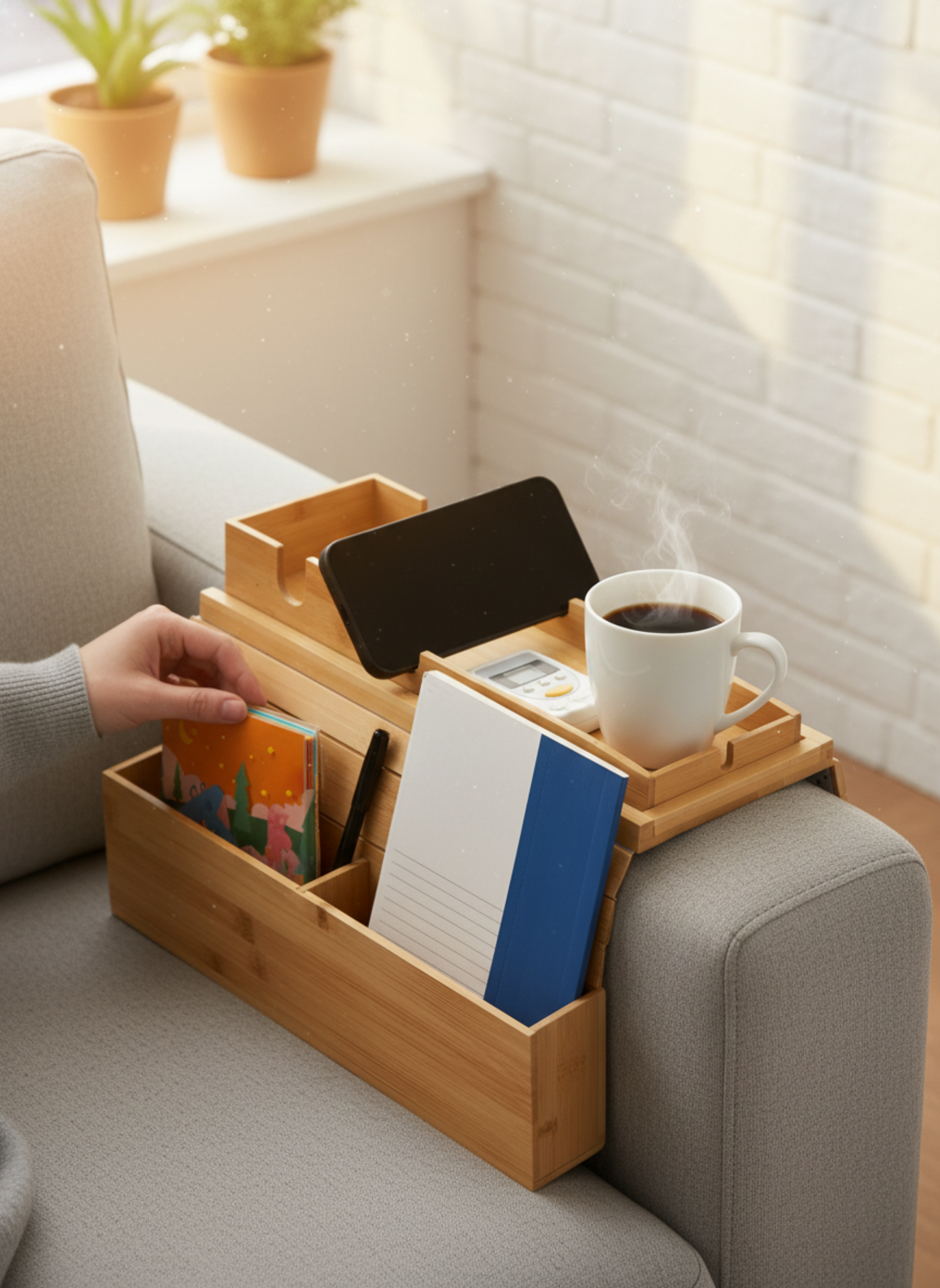 Bamboo Sofa Cup Holder Tray