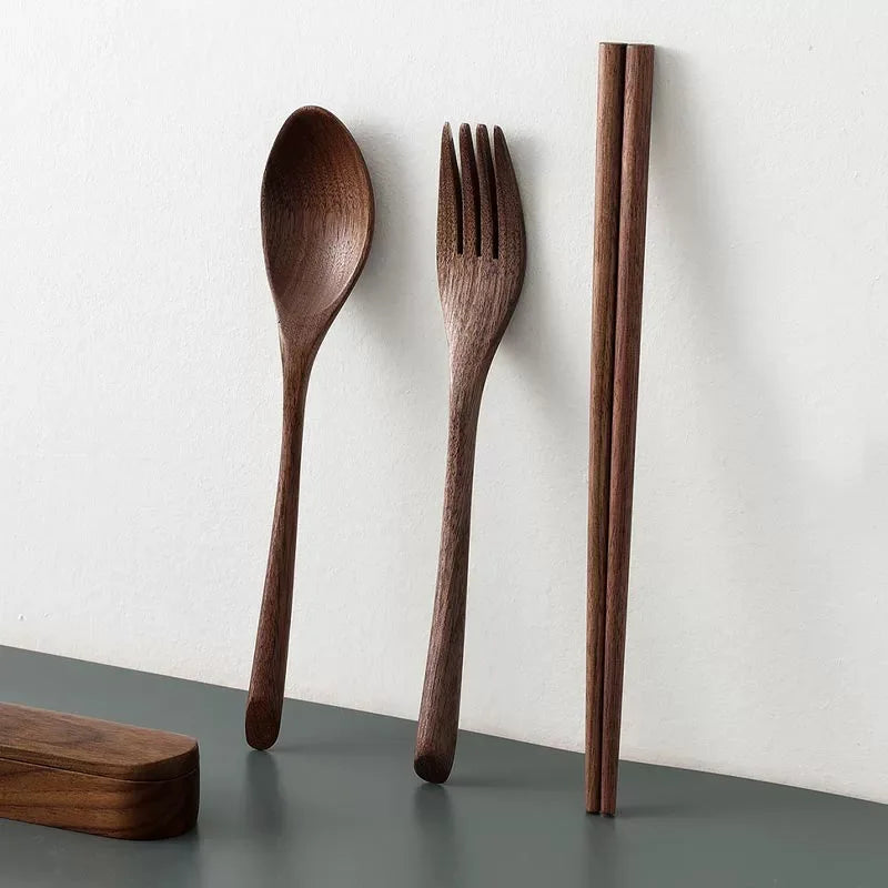 Wooden Cutlery Travel Set – Spoon, Fork & Chopsticks with Box