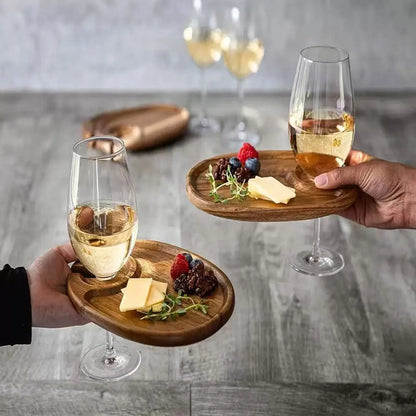 Wooden Wine Appetizer Plate with Glass Holder