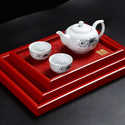 Red Wooden Serving Tray – Elegant Tea & Dessert Plate