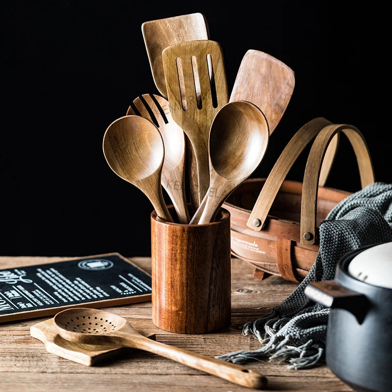 9-Piece Teak Wood Kitchen Utensil Set