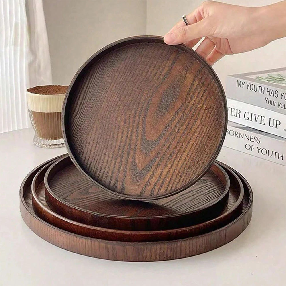Round Wooden Serving Tray – Dark Walnut Finish