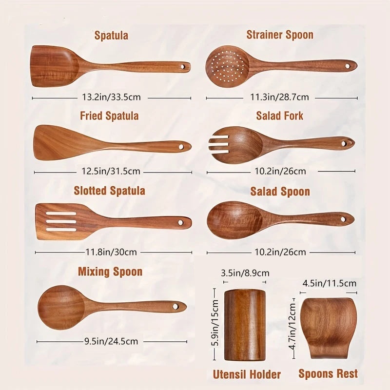 9-Piece Teak Wood Kitchen Utensil Set