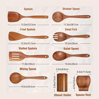 9-Piece Teak Wood Kitchen Utensil Set