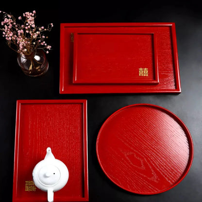 Red Wooden Serving Tray – Elegant Tea & Dessert Plate