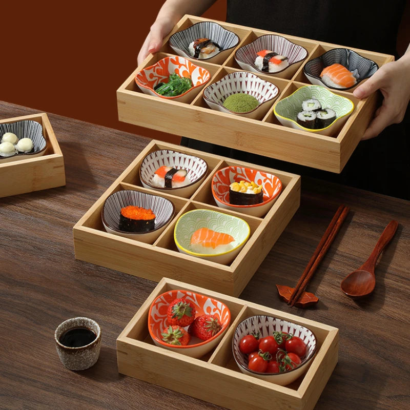 Japanese Wooden Tray – 9-Compartment Bamboo Plate