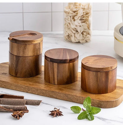Acacia Wood Spice Box – Salt & Pepper Storage Jar with Lid