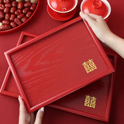 Red Wooden Serving Tray – Elegant Tea & Dessert Plate