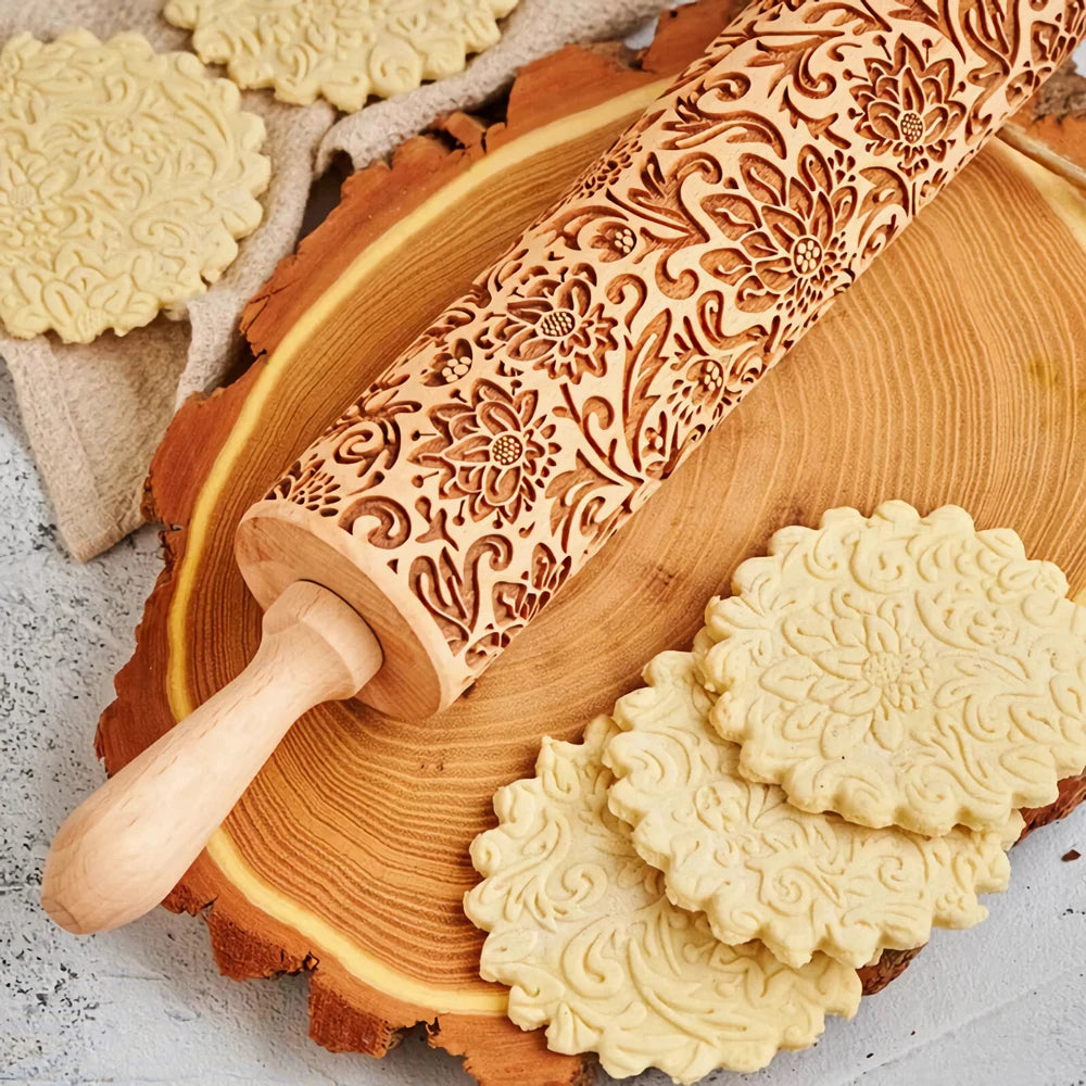 Sunflower Embossed Wooden Rolling Pin