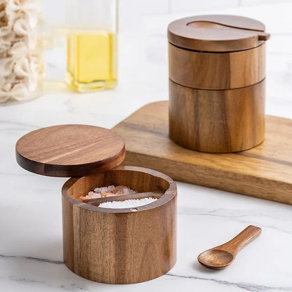 Acacia Wood Spice Box – Salt & Pepper Storage Jar with Lid