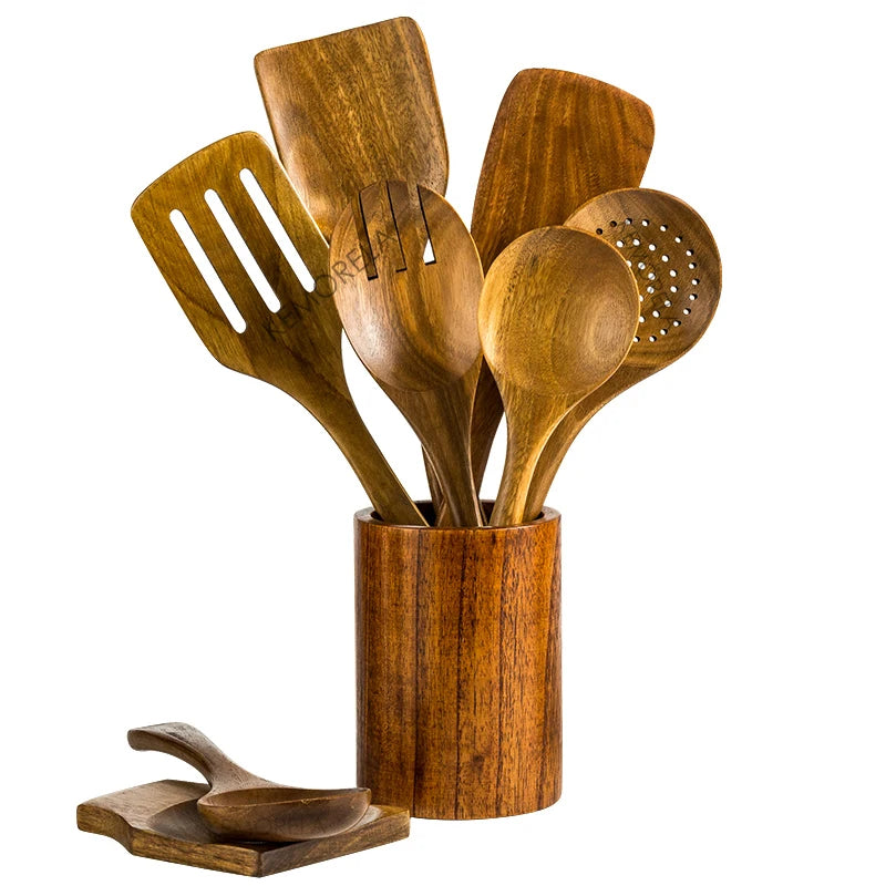 9-Piece Teak Wood Kitchen Utensil Set