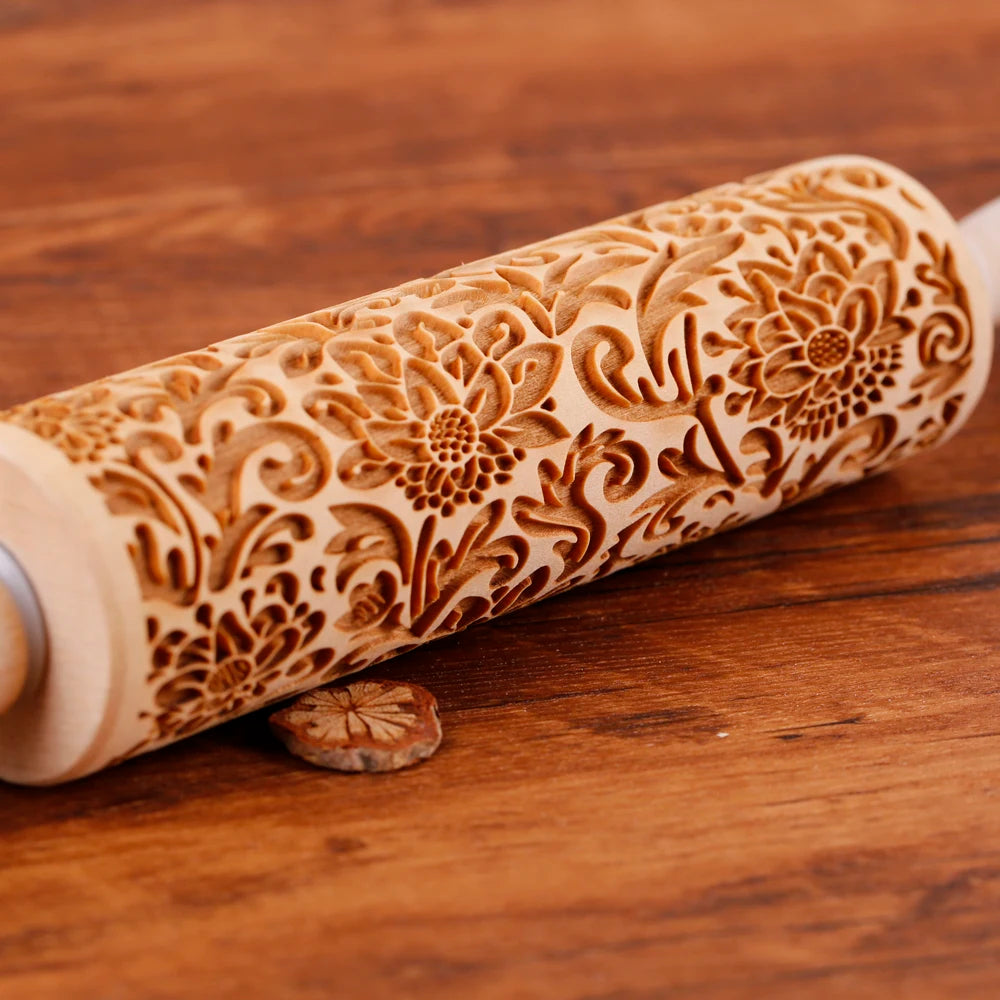Sunflower Embossed Wooden Rolling Pin