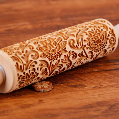 Sunflower Embossed Wooden Rolling Pin