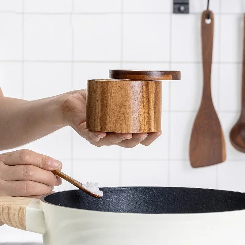 Acacia Wood Spice Box – Salt & Pepper Storage Jar with Lid