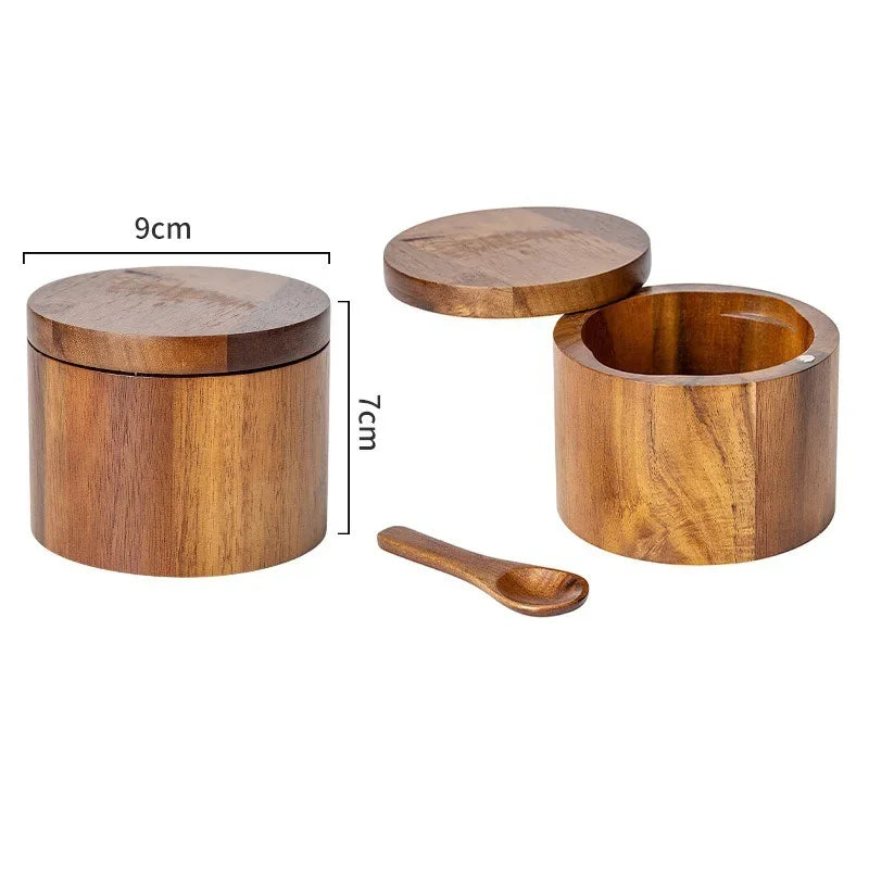 Acacia Wood Spice Box – Salt & Pepper Storage Jar with Lid