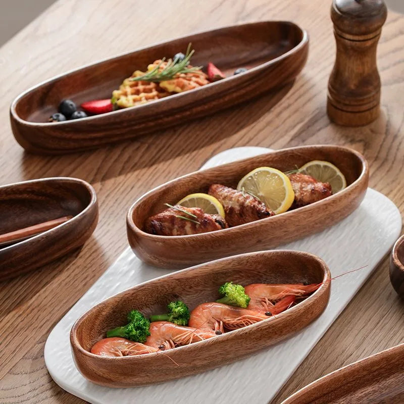 Oval Wooden Serving Bowl – Boat-Shaped Design