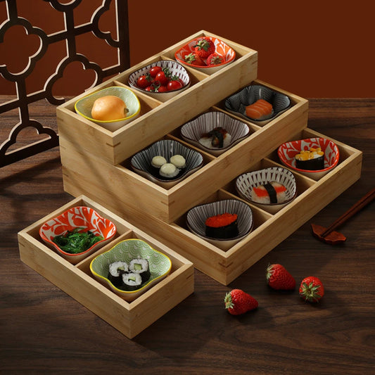 Japanese Wooden Tray – 9-Compartment Bamboo Plate