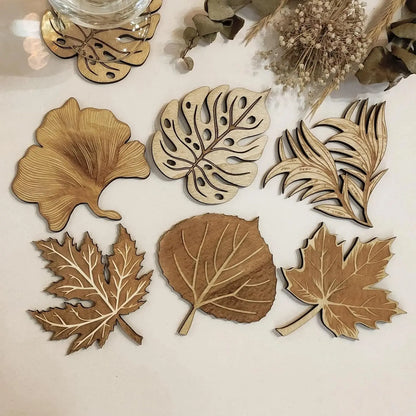 Set of 6 Leaf-Shaped Wooden Coasters