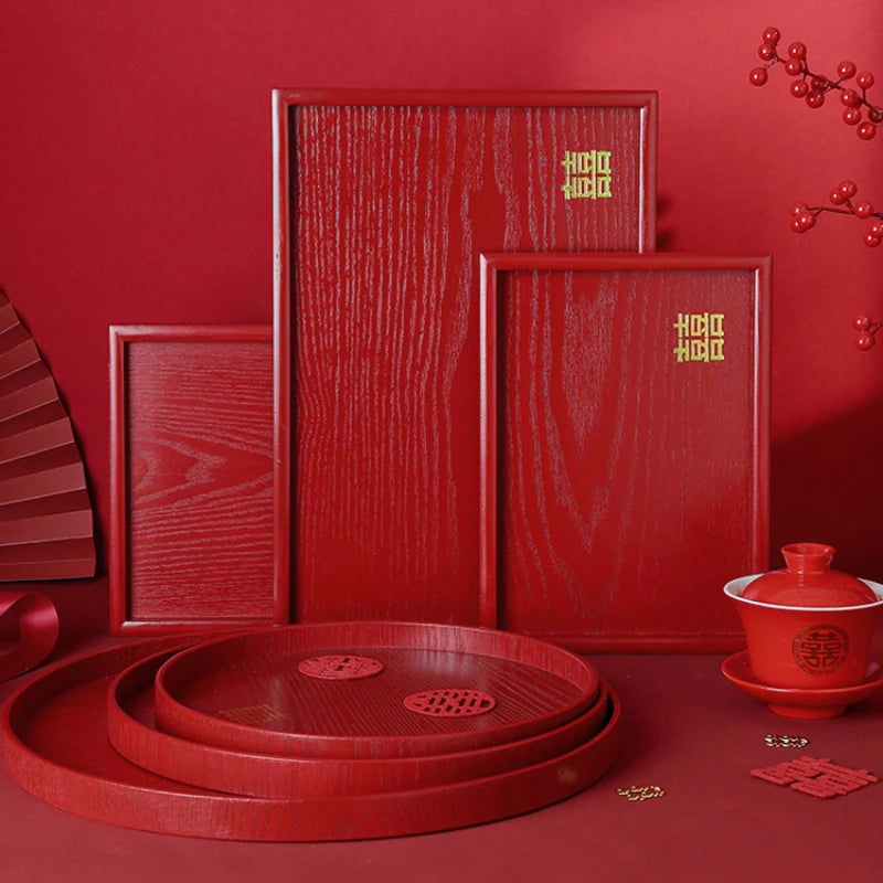 Red Wooden Serving Tray – Elegant Tea & Dessert Plate