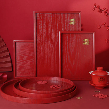 Red Wooden Serving Tray – Elegant Tea & Dessert Plate