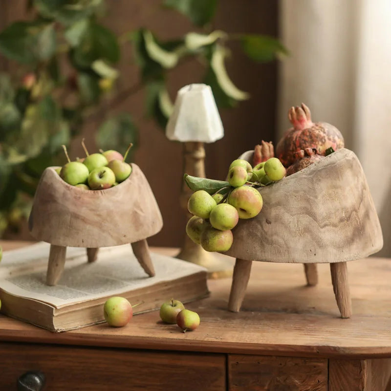 Wooden Fruit Bowl – High Foot Rustic Snack Plate