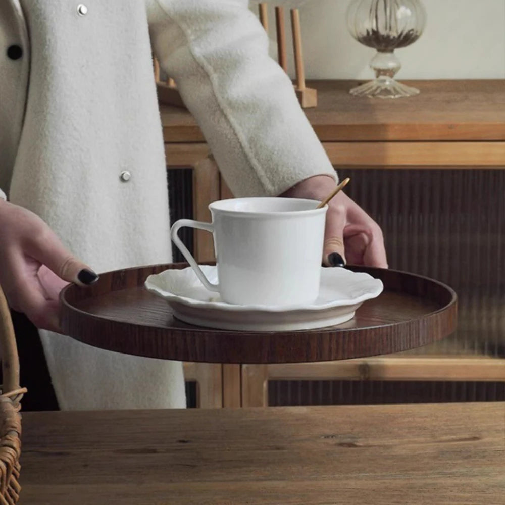 Round Wooden Serving Tray – Dark Walnut Finish
