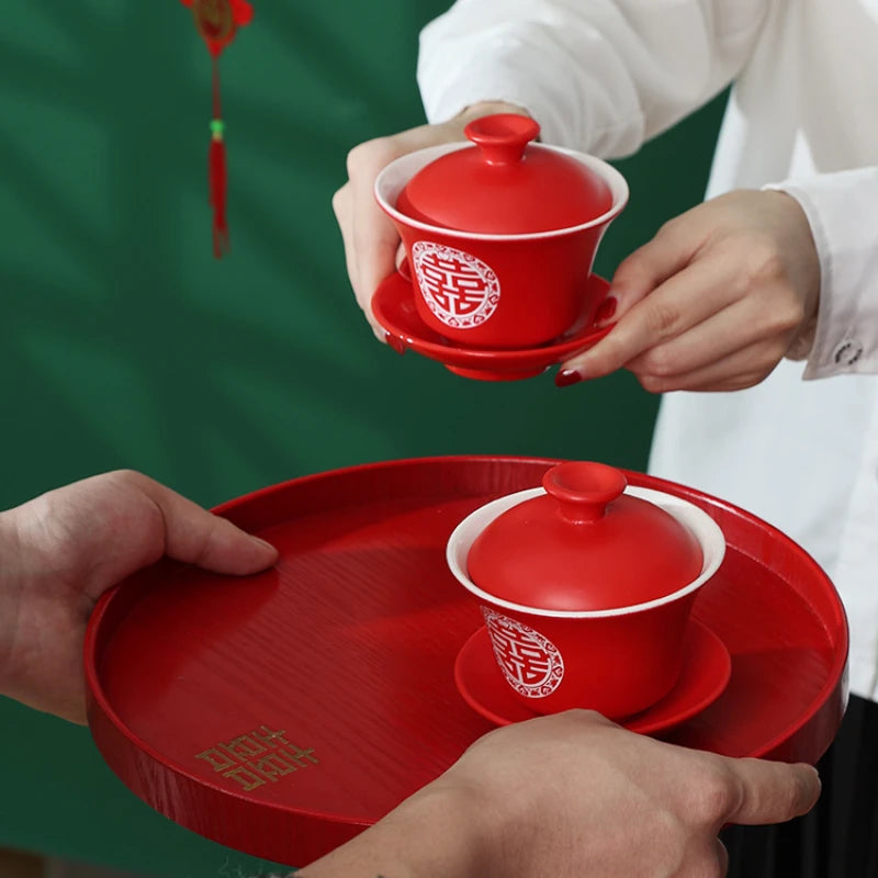 Red Wooden Serving Tray – Elegant Tea & Dessert Plate