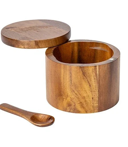Acacia Wood Spice Box – Salt & Pepper Storage Jar with Lid