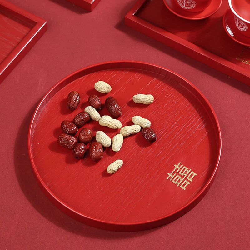 Red Wooden Serving Tray – Elegant Tea & Dessert Plate