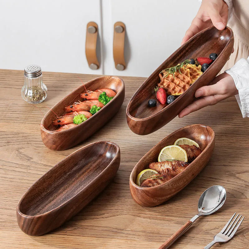 Oval Wooden Serving Bowl – Boat-Shaped Design