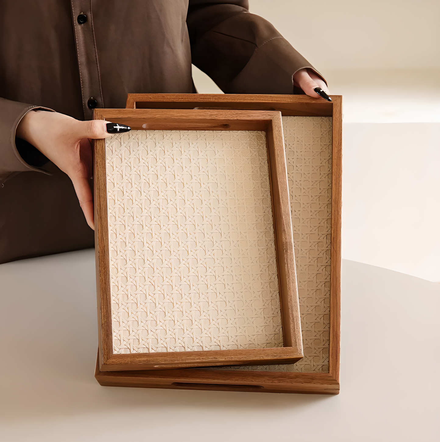 Natural Acacia Display Tray – Woven Rattan