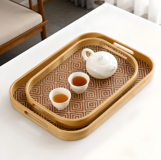 Bamboo Tea Serving Tray with Handles – Woven Rattan Style