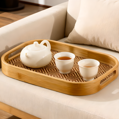 Bamboo Tea Serving Tray with Handles – Woven Rattan Style