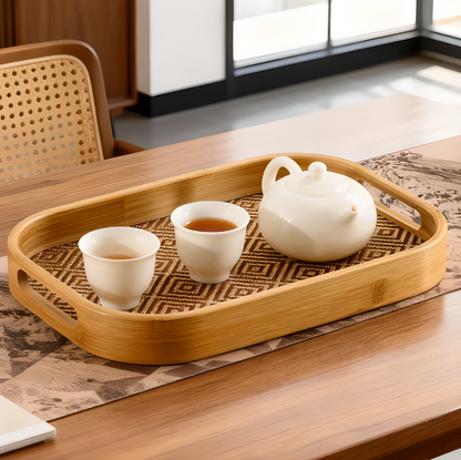 Bamboo Tea Serving Tray with Handles – Woven Rattan Style