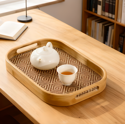 Bamboo Tea Serving Tray with Handles – Woven Rattan Style