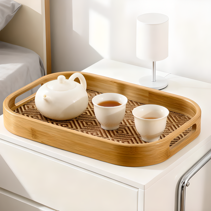 Bamboo Tea Serving Tray with Handles – Woven Rattan Style