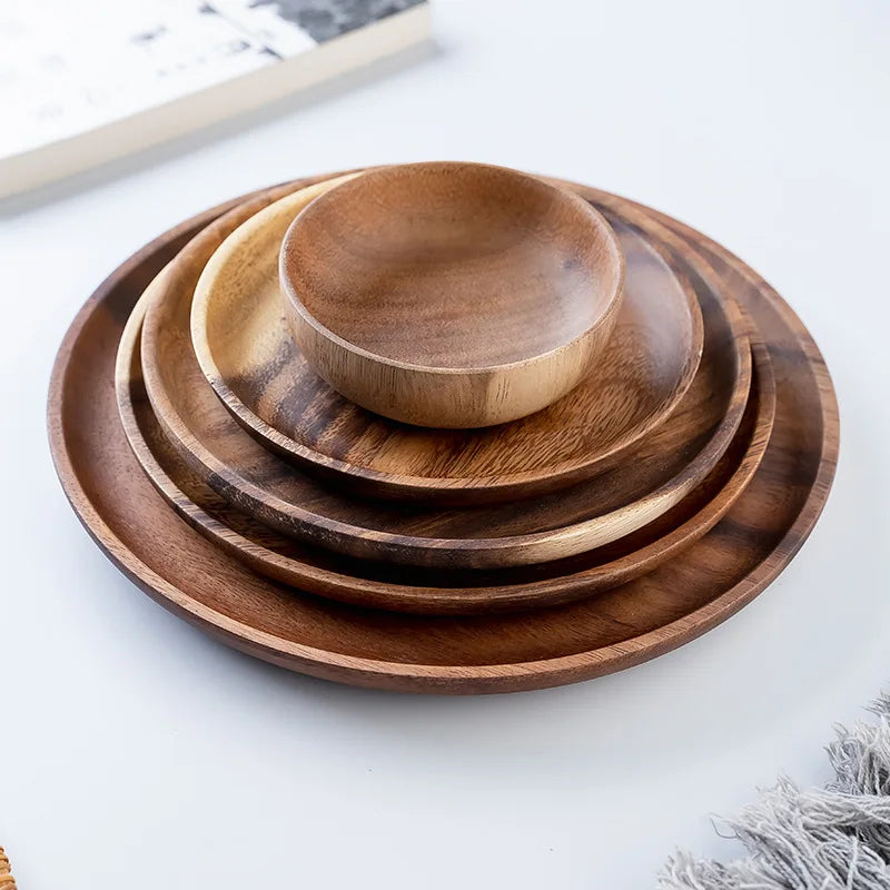 Round Wooden Dinner Plates – Natural Serving Set