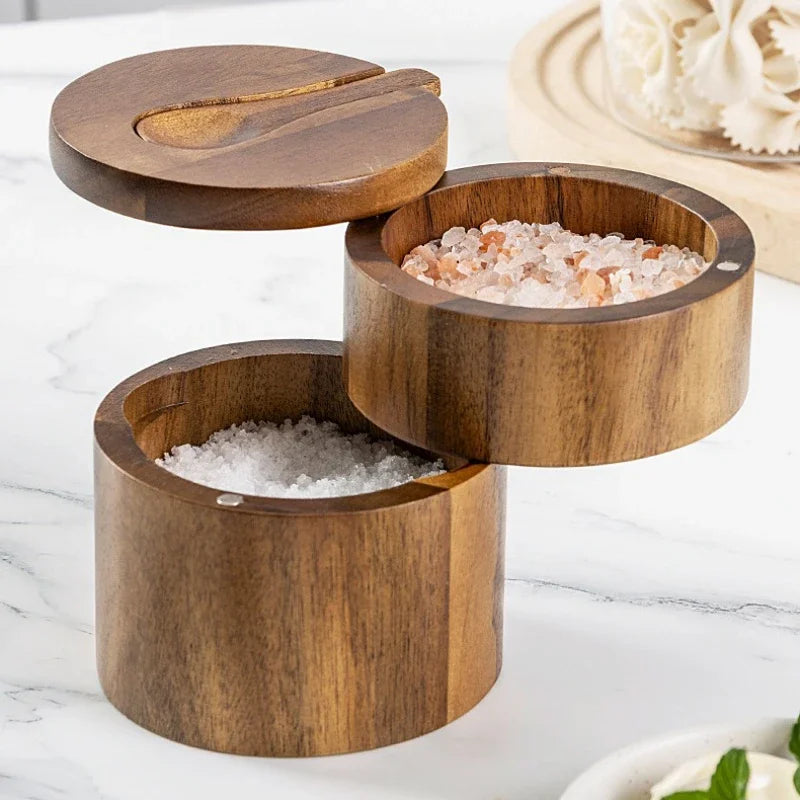 Acacia Wood Spice Box – Salt & Pepper Storage Jar with Lid