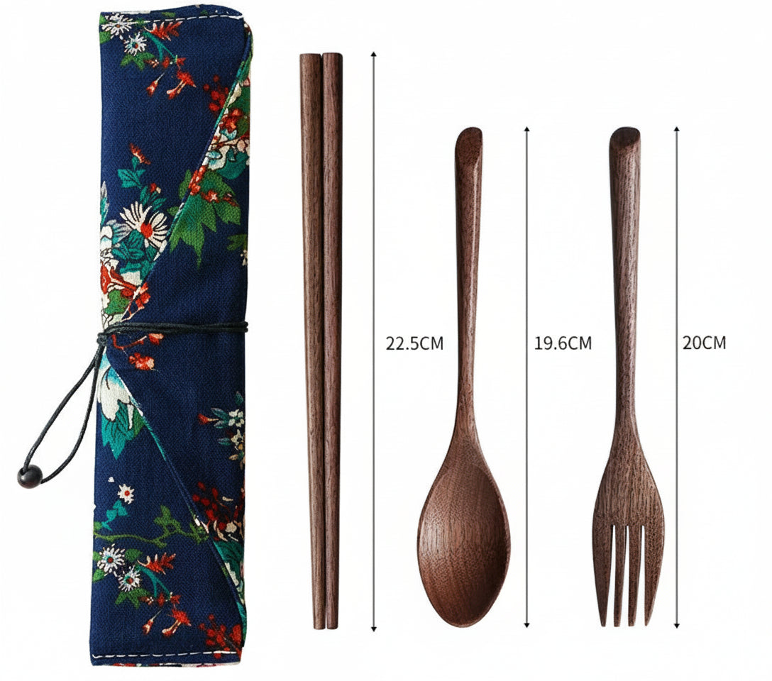 Wooden Cutlery Travel Set – Spoon, Fork & Chopsticks with Box