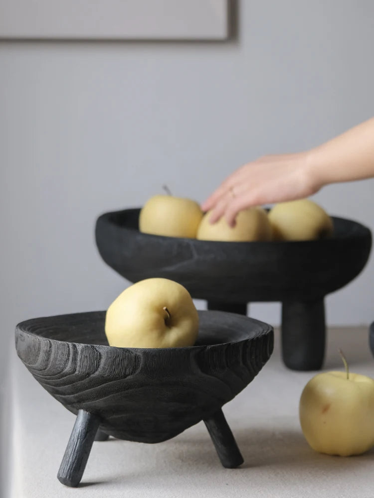 Black Wooden Fruit Bowl – Modern Solid Wood Tray