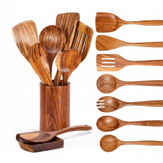 9-Piece Teak Wood Kitchen Utensil Set
