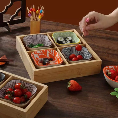 Japanese Wooden Tray – 9-Compartment Bamboo Plate
